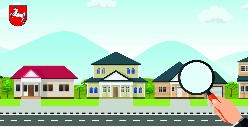 Schmuckgrafik Häuser mit Lupe - Grundsteuerreform